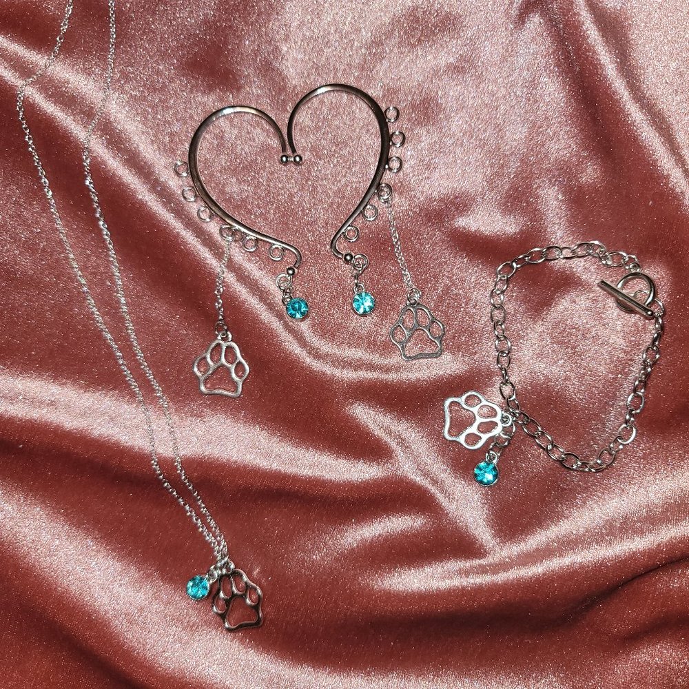 Dog/Cat Paw Jewelry Set with Cuff Earrings, Necklace & Bracelet in Aqua & Silver